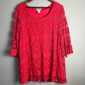 Catherines Lace Dress Bell Sleeve Tiered Semi Sheer Lined Pullover Red Plus Size